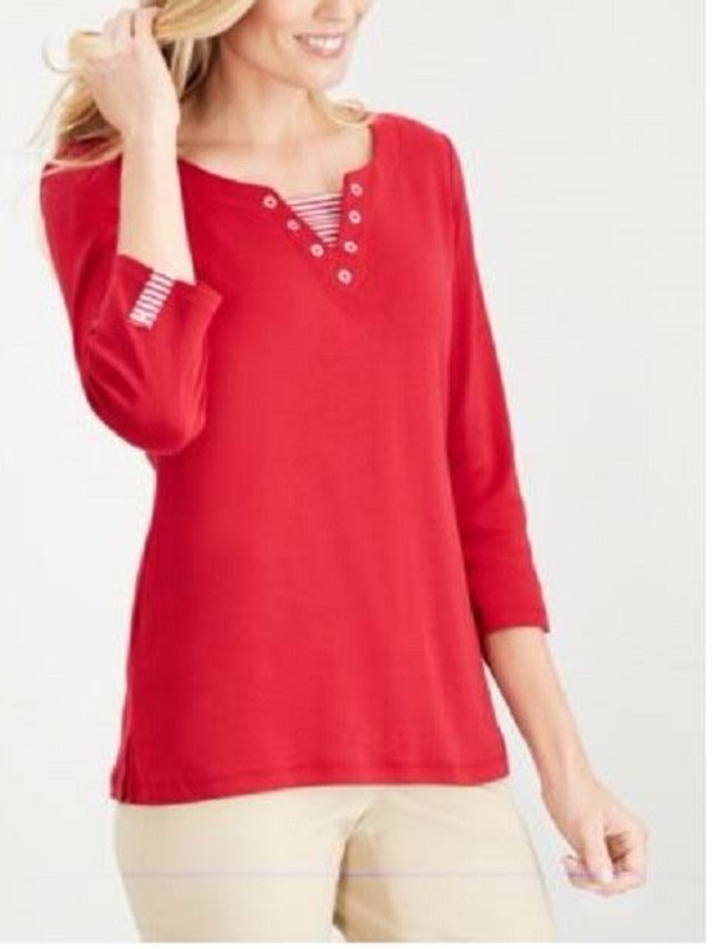 Karen Scott Red Button-Accent Knit Cotton Top with Striped Trim